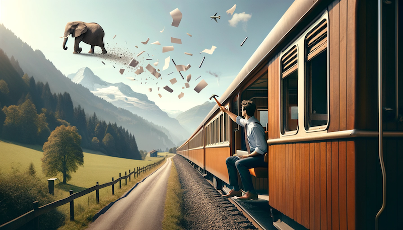 a guy throwing papers out of a train
